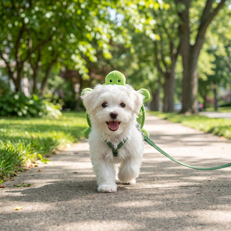Maltese walking in the turtle backpack harness
