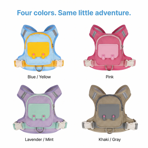 Backpack harness in blue-yellow, pink, lavender-mint and khaki-gray
