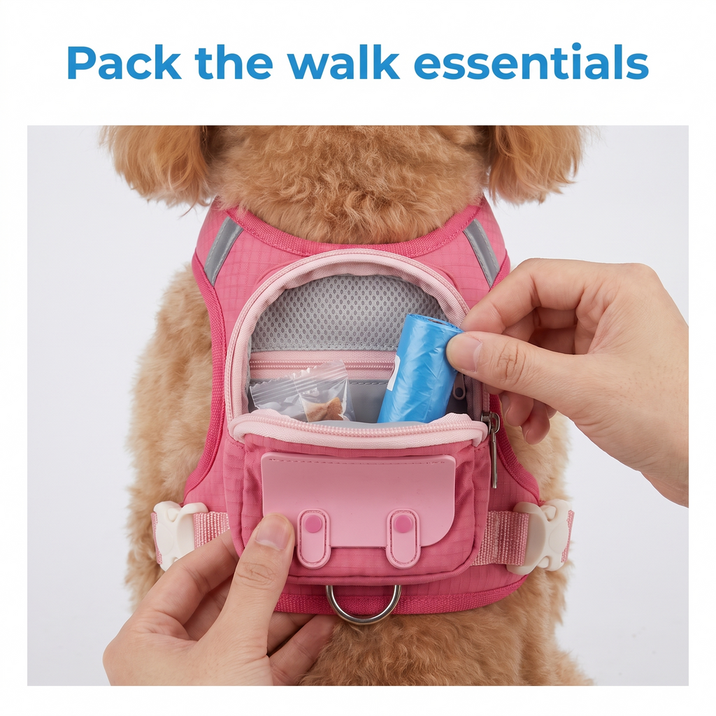Pink front pouch with treats and a poop-bag roll