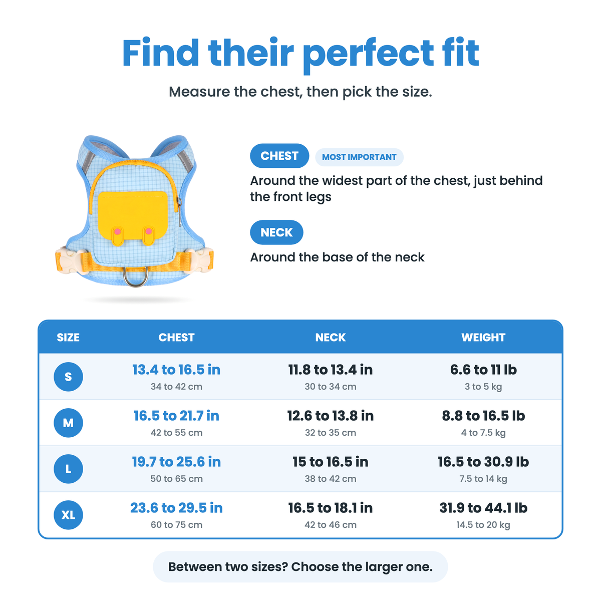 Pupmio backpack harness size chart, sizes S to XL by chest, neck and weight
