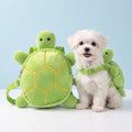 Small white Maltese wearing the green Pupmio turtle backpack harness next to the turtle backpack