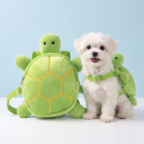 Small white Maltese wearing the green Pupmio turtle backpack harness next to the turtle backpack
