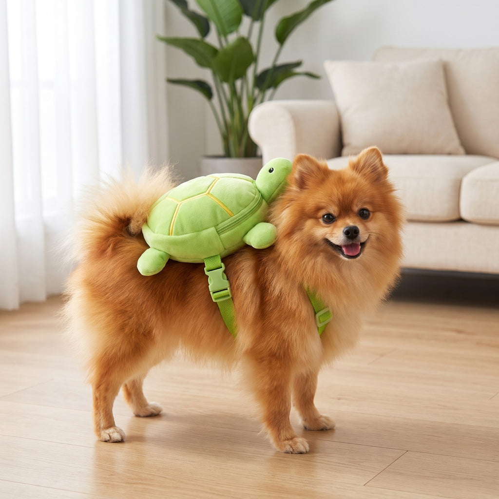Pomeranian wearing the turtle backpack harness