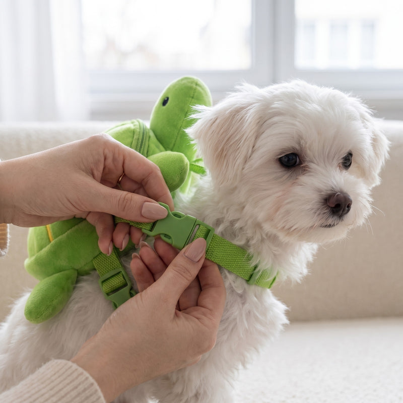 Clipping the turtle harness buckle on a Maltese
